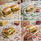 A four-panel collage showing burger sandwiches wrapped in branded paper and held by a hand, with a small side of ketchup and fries in a fast-food restaurant setting.